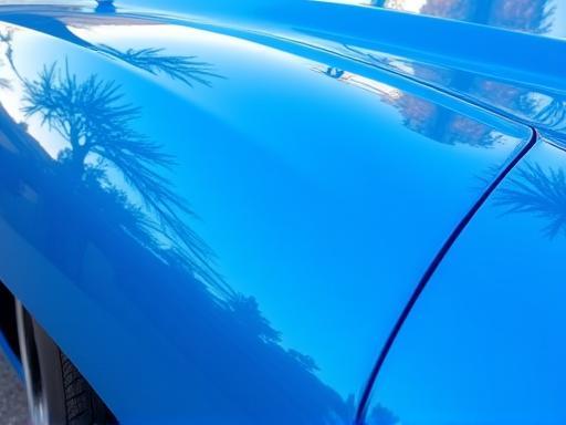 Highly polished exterior of a blue car reflecting the light