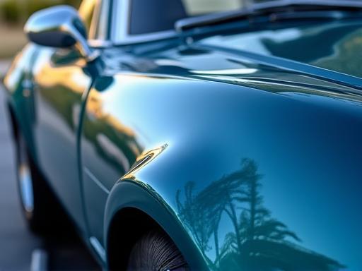 Close-up view of car paint with a deep, mirror-like reflection after waxing