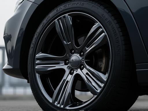 Shining clean car wheel with tire dressing applied