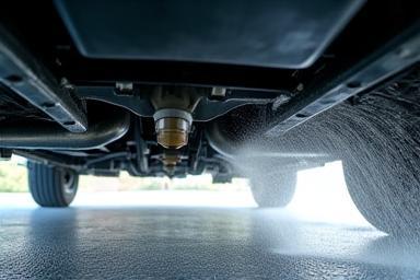 Undercarriage of a vehicle being washed